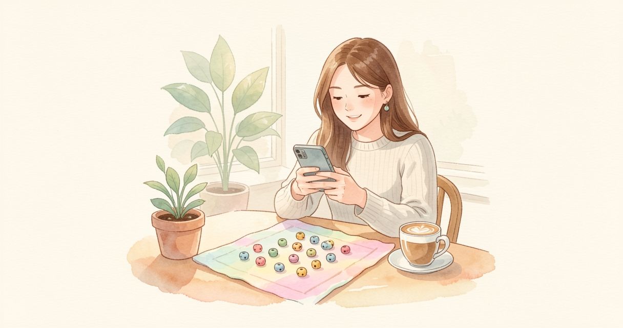 在咖啡厅桌上,用手机拍摄排在布上的拼豆作品的女生。
