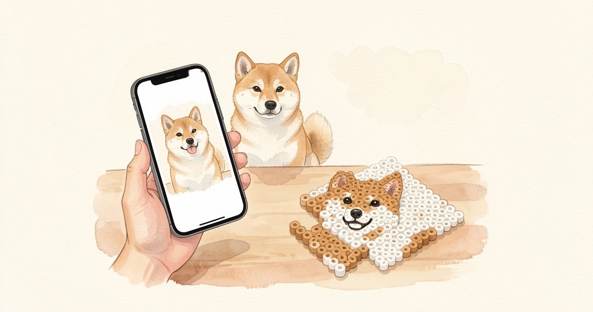手机里的柴犬照片，和用这张照片做成的柴犬拼豆，旁边坐着真正的柴犬。
