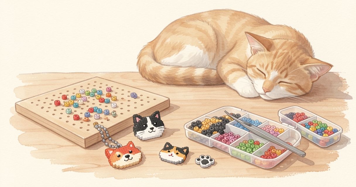 木のテーブルの上に、柴犬やはちわれねこの小さなアイロンビーズ作品と、ビーズを並べたプレート、ピンセットが置かれている。