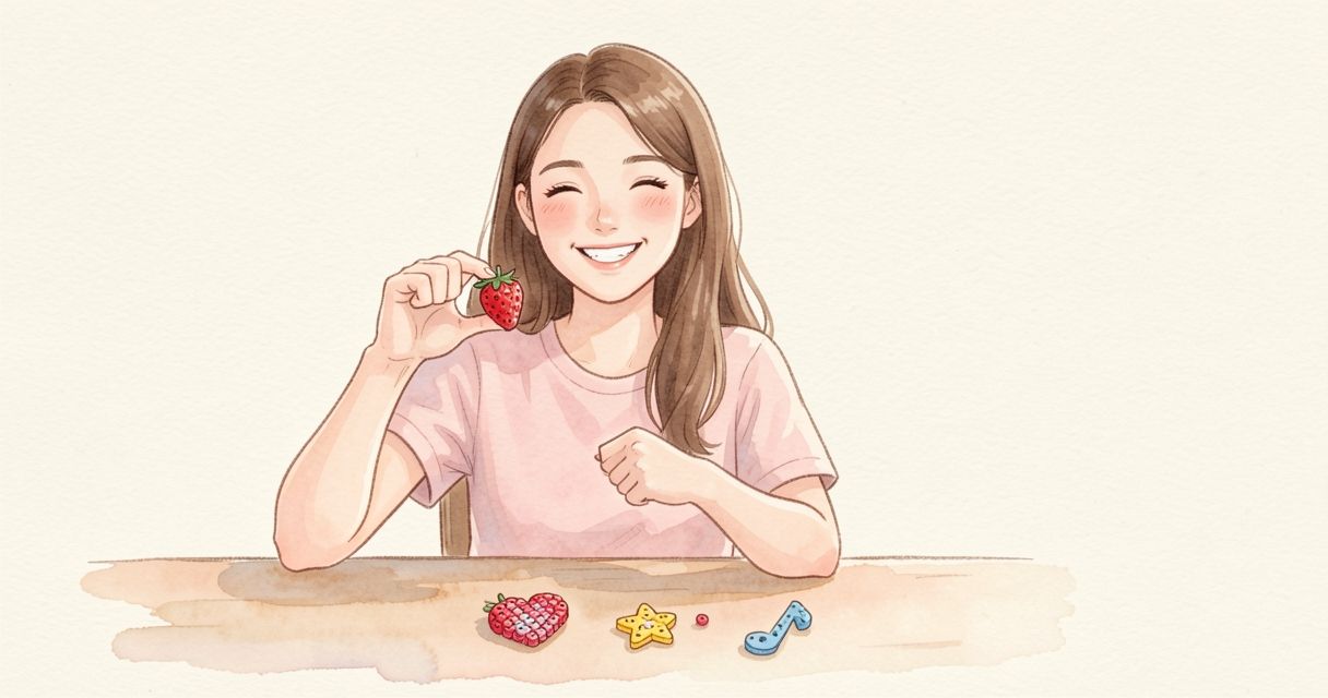 捏着小草莓拼豆作品微笑的女生,桌上还有爱心、星星和音符作品。