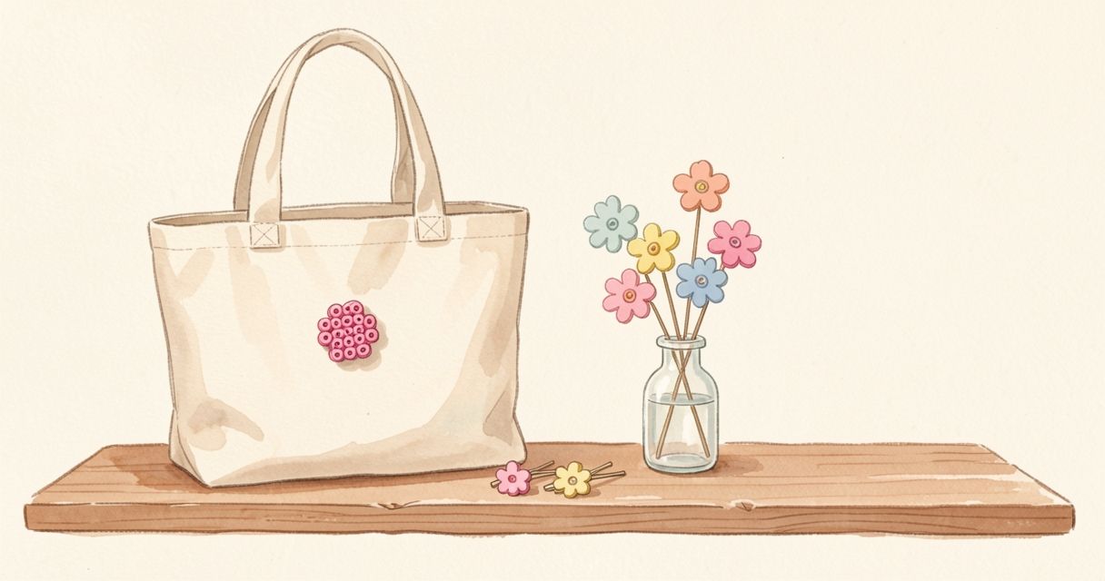 布のバッグにつけた花のブローチ、小さい花のヘアピン、小さな花びんにさした花束のアイロンビーズ作品のイメージ
