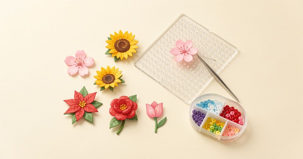 クリーム色の机の上に、さくら・ひまわり・ポインセチア・つばきなどの花のアイロンビーズ作品と、プレートとピンセット、色ごとに分けたビーズが並んでいるイラスト