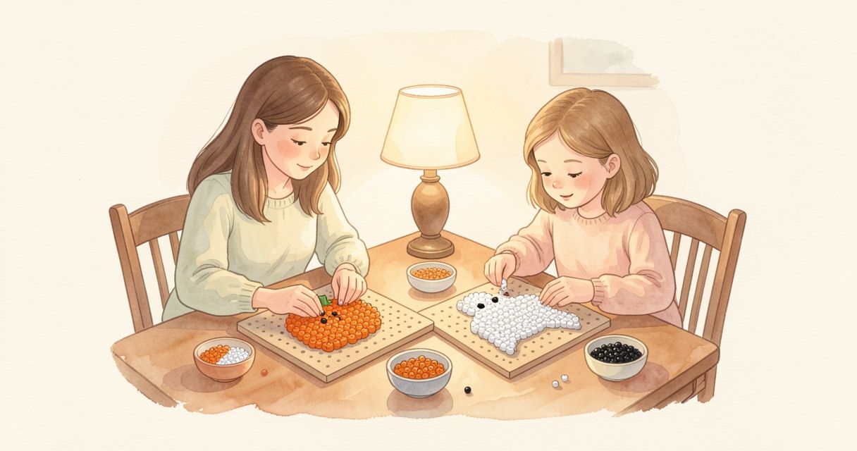 在台灯下的餐桌上,妈妈和孩子把拼豆排成南瓜和幽灵的形状。