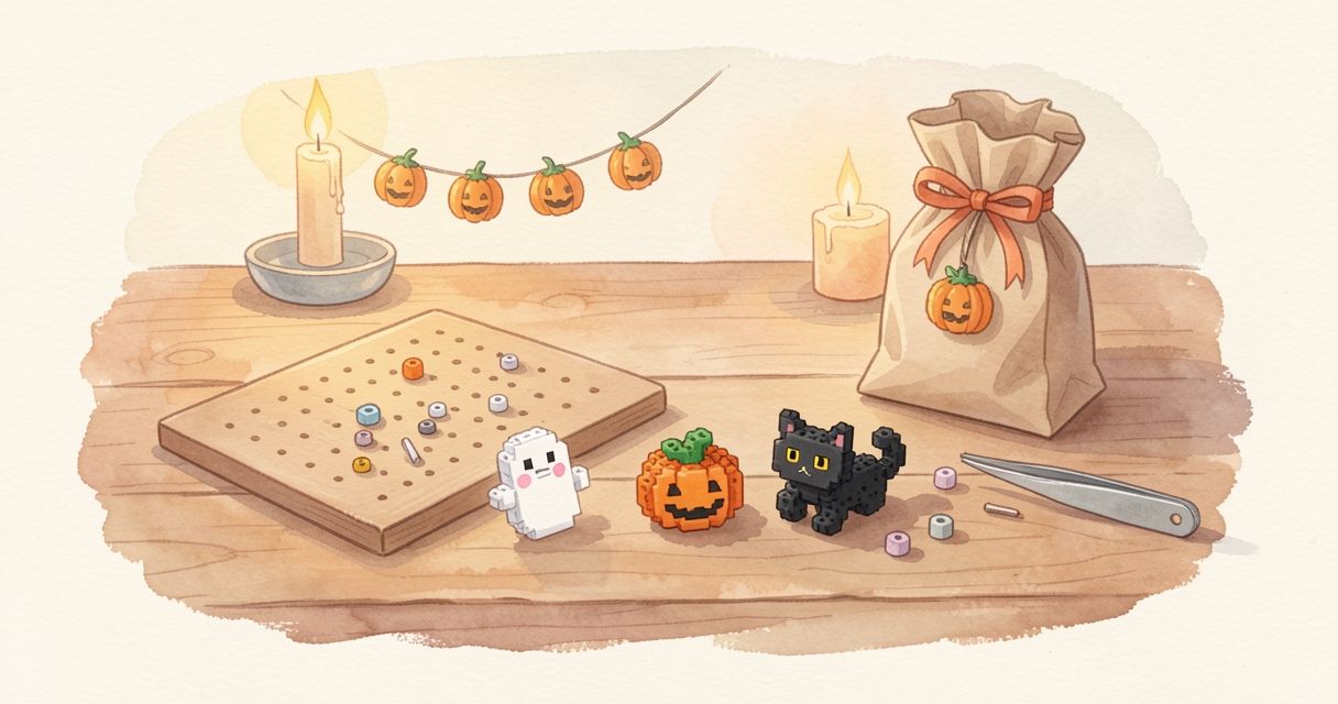おばけ・かぼちゃ・黒ねこのミニアイロンビーズ作品を並べたハロウィンのテーブル