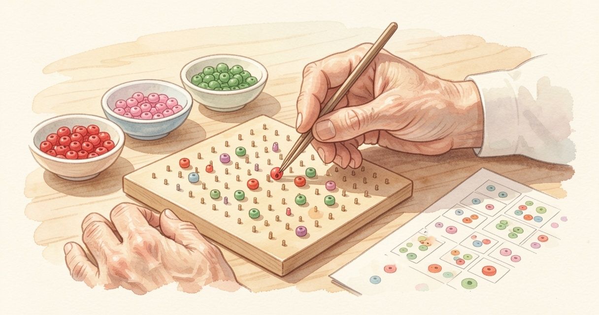 色ごとに小皿に分けたビーズと図案を見ながら、ピンセットでプレートにビーズを置く手元。
