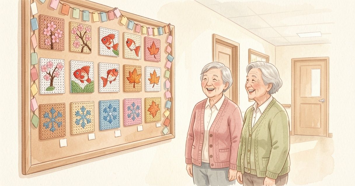 さくら・金魚・もみじ・雪の結晶のアイロンビーズ作品を掲示板に飾り、それを見て笑う高齢の女性ふたり。