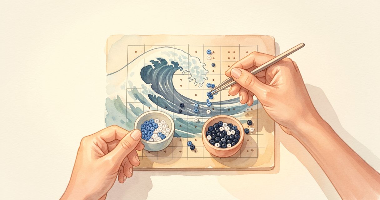 在海浪图案上摆放拼豆的手，旁边是装着蓝色和白色拼豆的小碟子。