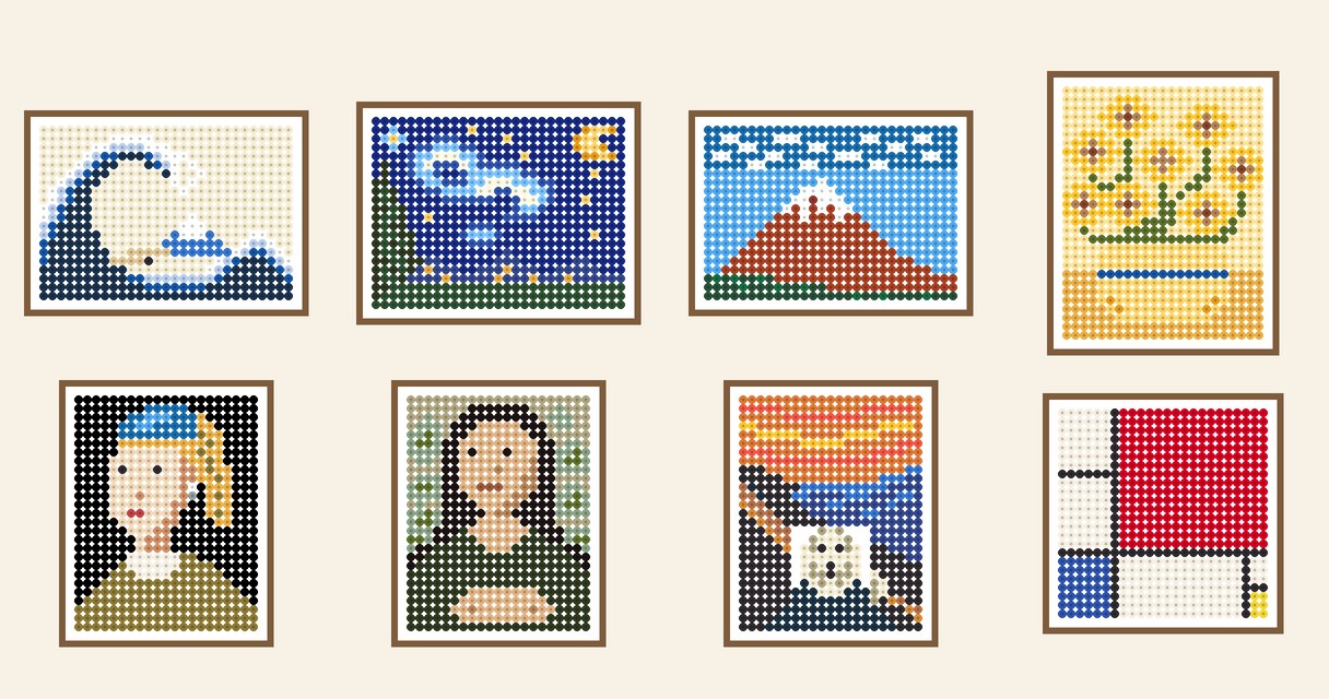Fuse bead patterns of Hokusai's Great Wave and Red Fuji, Van Gogh's Starry Night and Sunflowers, Girl with a Pearl Earring, the Mona Lisa, The Scream and a Mondrian, side by side.
