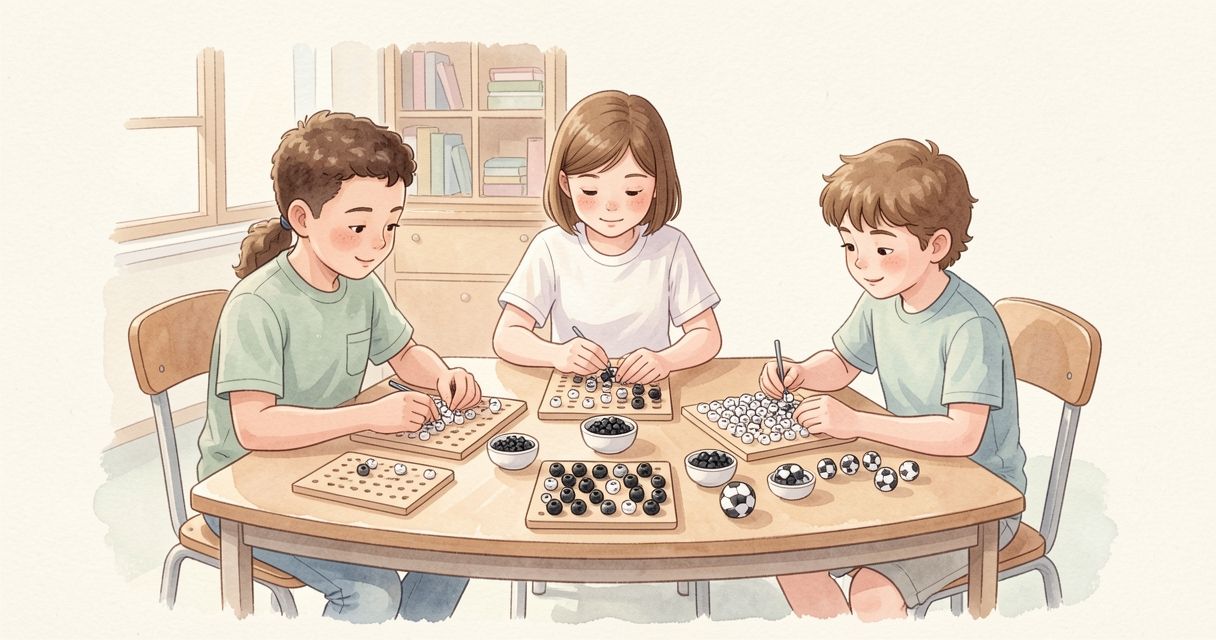 教室のテーブルで、3人の子どもがピンセットを使ってサッカーボールのアイロンビーズを並べている様子。