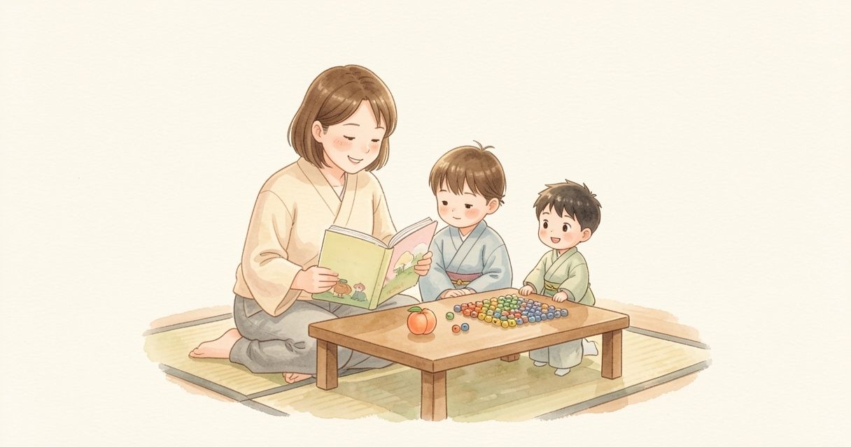 畳の部屋で、母親が子どもたちに絵本を読み、低いテーブルに桃とビーズを並べたプレートが置いてある様子。