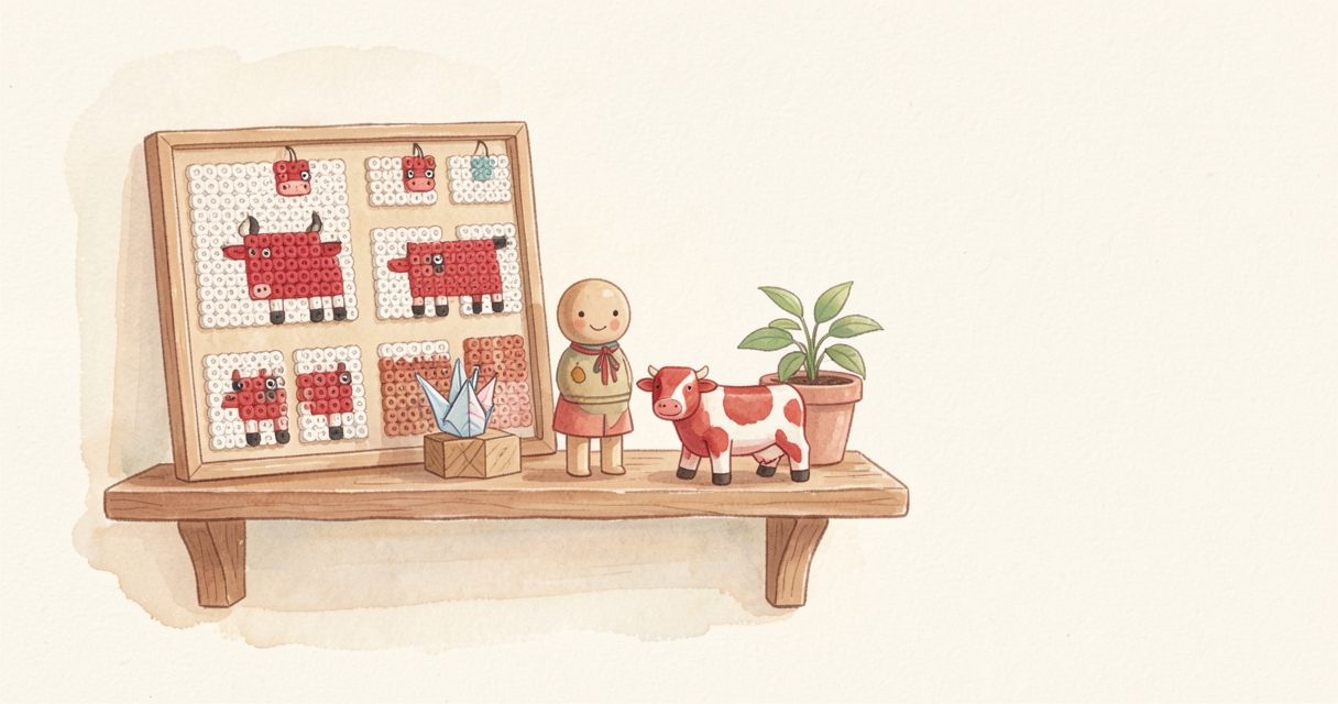 赤べこのアイロンビーズ作品を並べたボードと、こけし・折り鶴・牛の置物を飾った棚。