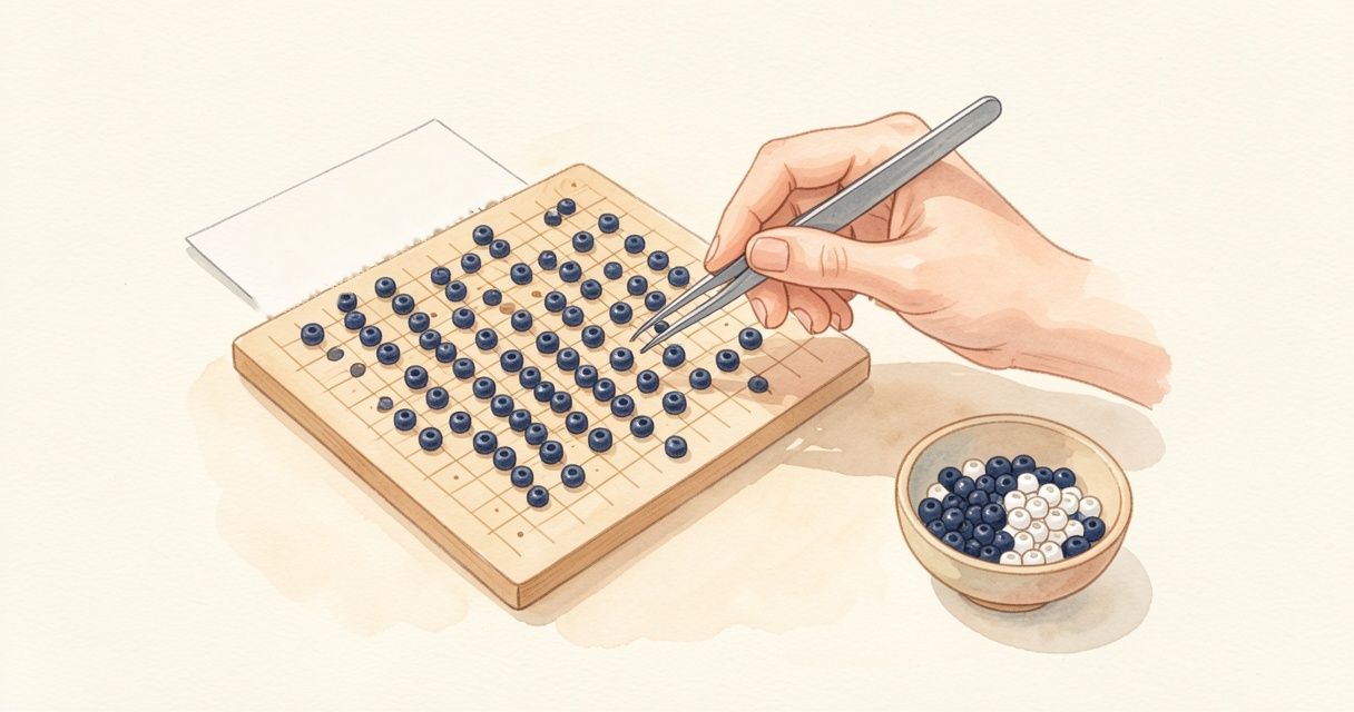 用镊子把藏青色拼豆斜斜排成一列列的手部特写。