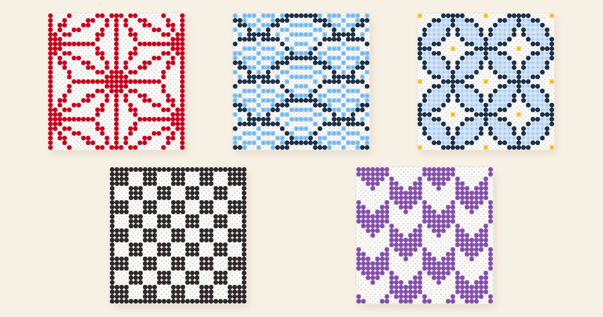 Fuse bead coasters with a red asanoha pattern, navy and light blue seigaiha, navy and light blue shippo, a black and white ichimatsu check and a purple and white yagasuri pattern.