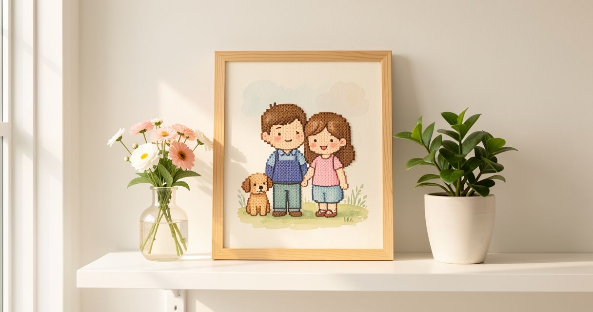 ふたりと犬の似顔絵をアイロンビーズで作り、木のフレームに入れて棚に飾った様子。