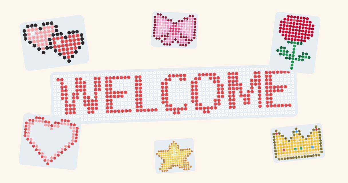 mamepix の文字図案で作った WELCOME と、ハート・リボン・バラ・王冠・星の無料図案。