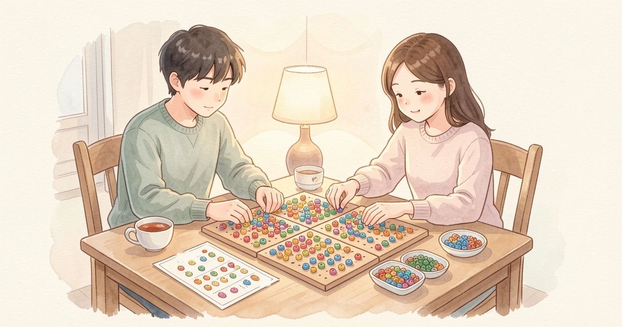 つなげたプレートに、ふたりで向かい合ってアイロンビーズを並べている様子。