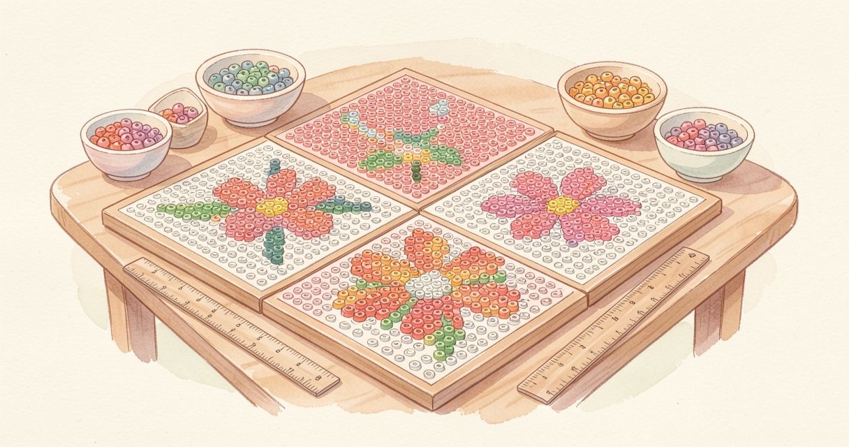 四片拼豆板拼在一起排出花朵图案,旁边放着尺。