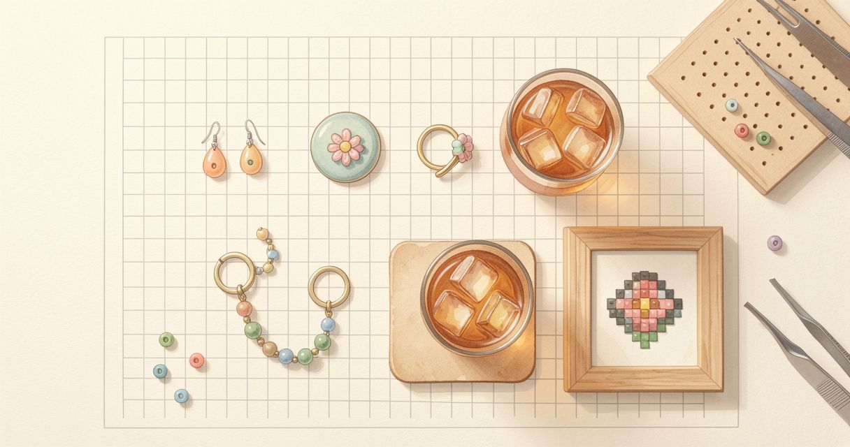 方眼のカッティングマットの上に、ピアス、ボールチェーンつきのキーホルダー、ブローチ、マグネット、コースター、小さな額入りのアイロンビーズ作品が大きさ順に並んでいる。