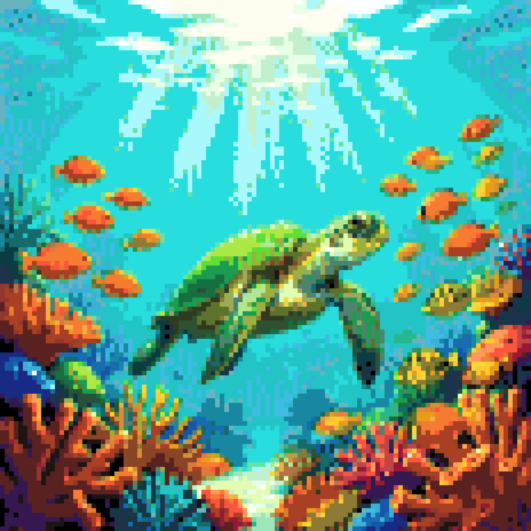 サンゴ礁とウミガメのドット絵