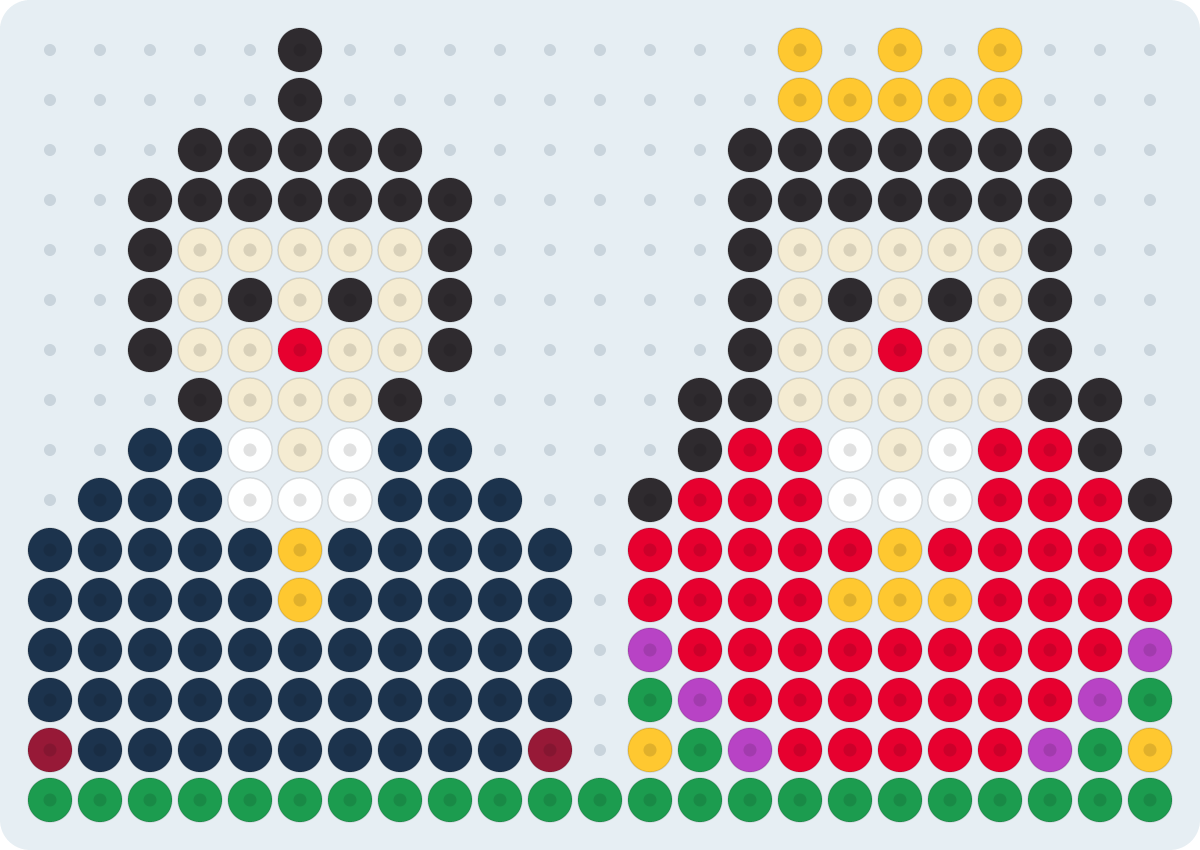 Hina dolls (emperor and empress) Perler bead pattern (2.6 mm, 23×16 beads, 9 colors)