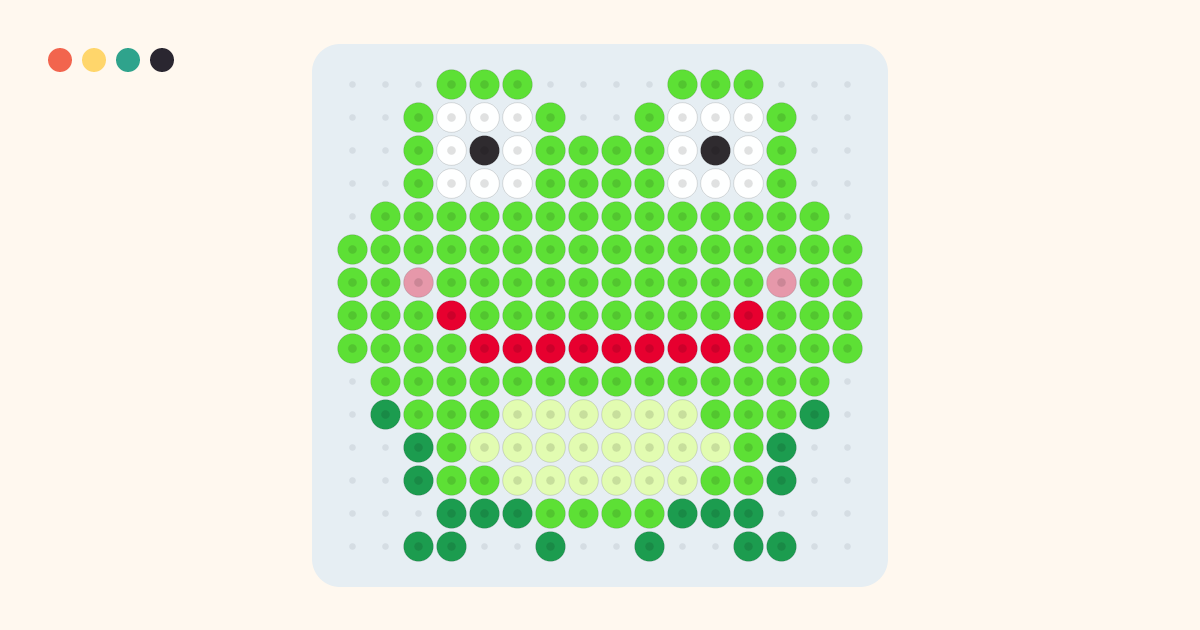 Frog fuse bead pattern (16×15 beads, 7 colors)