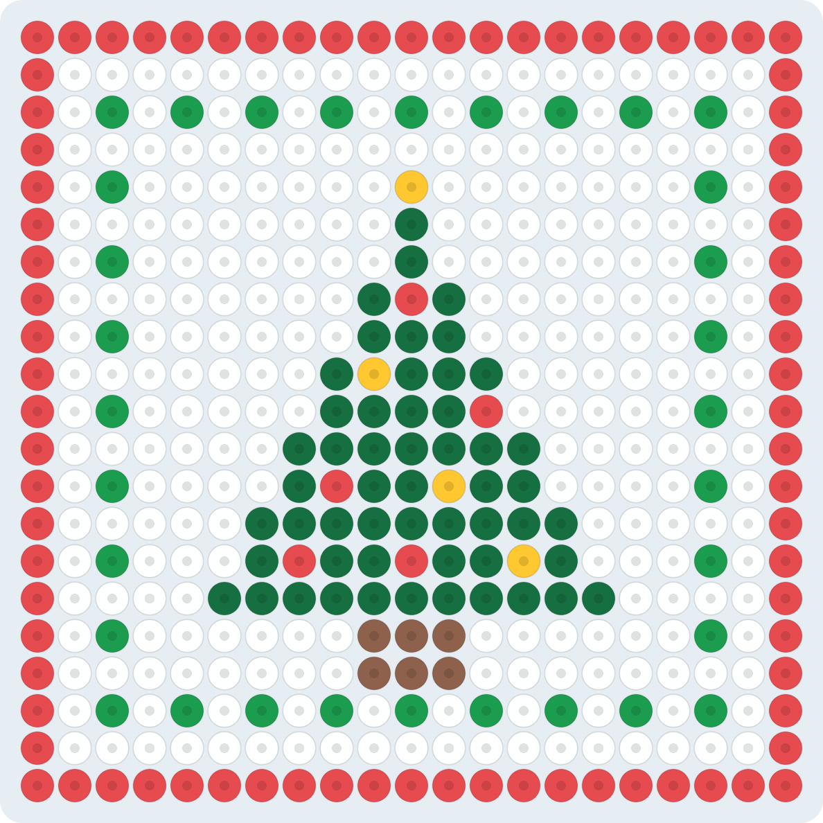 クリスマスツリーのコースターのアイロンビーズ図案(2.6mm・21×21粒・6色)
