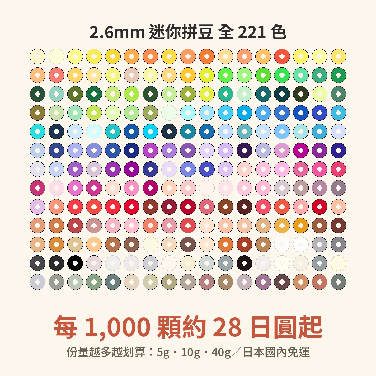 2.6mm 迷你拼豆全 221 色,每 1,000 颗约 28 日圆起