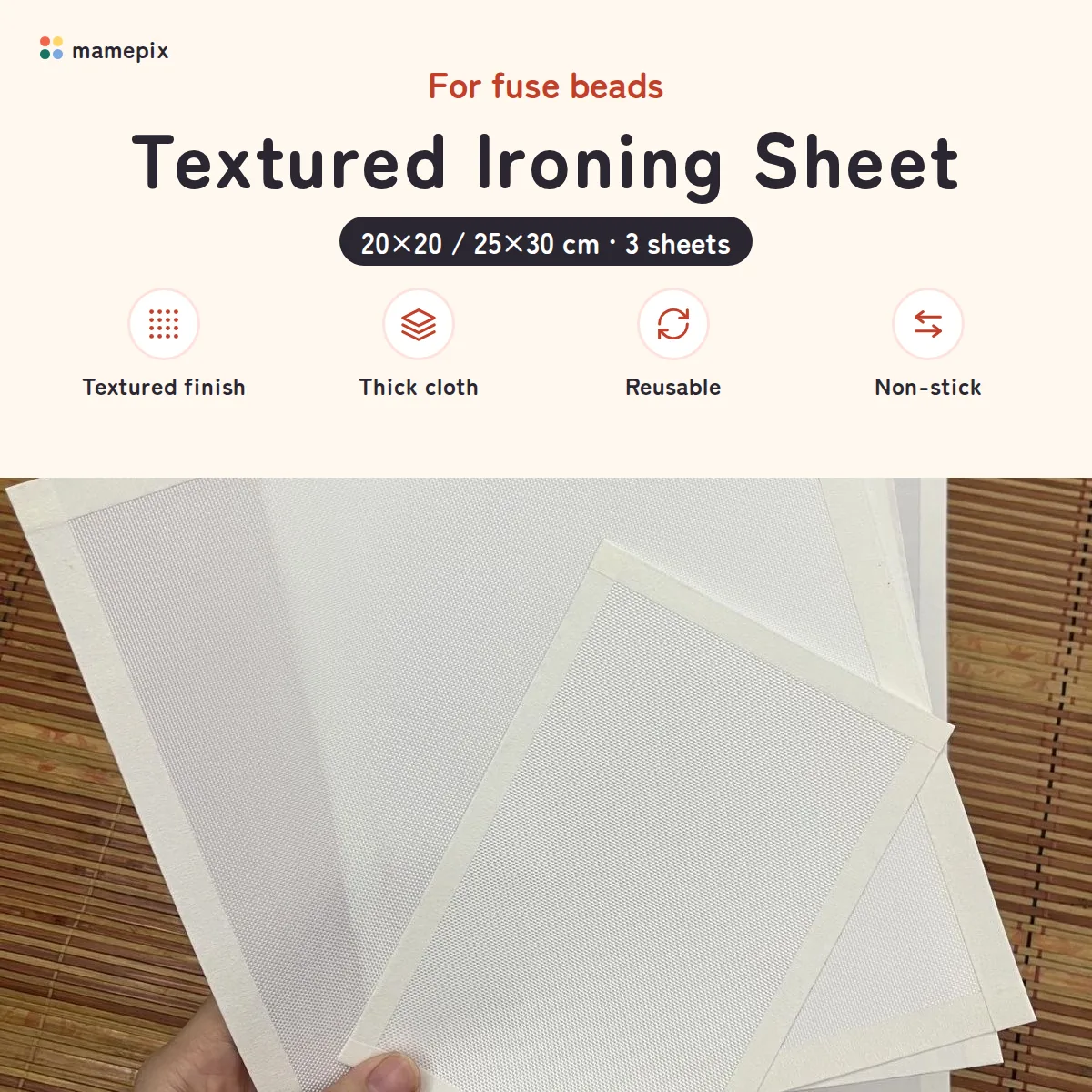 Textured ironing sheet for fuse beads, 20×20 / 25×30 cm, 3 sheets